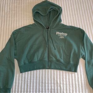PLAYBOY Green Cropped Zippered Hoodie